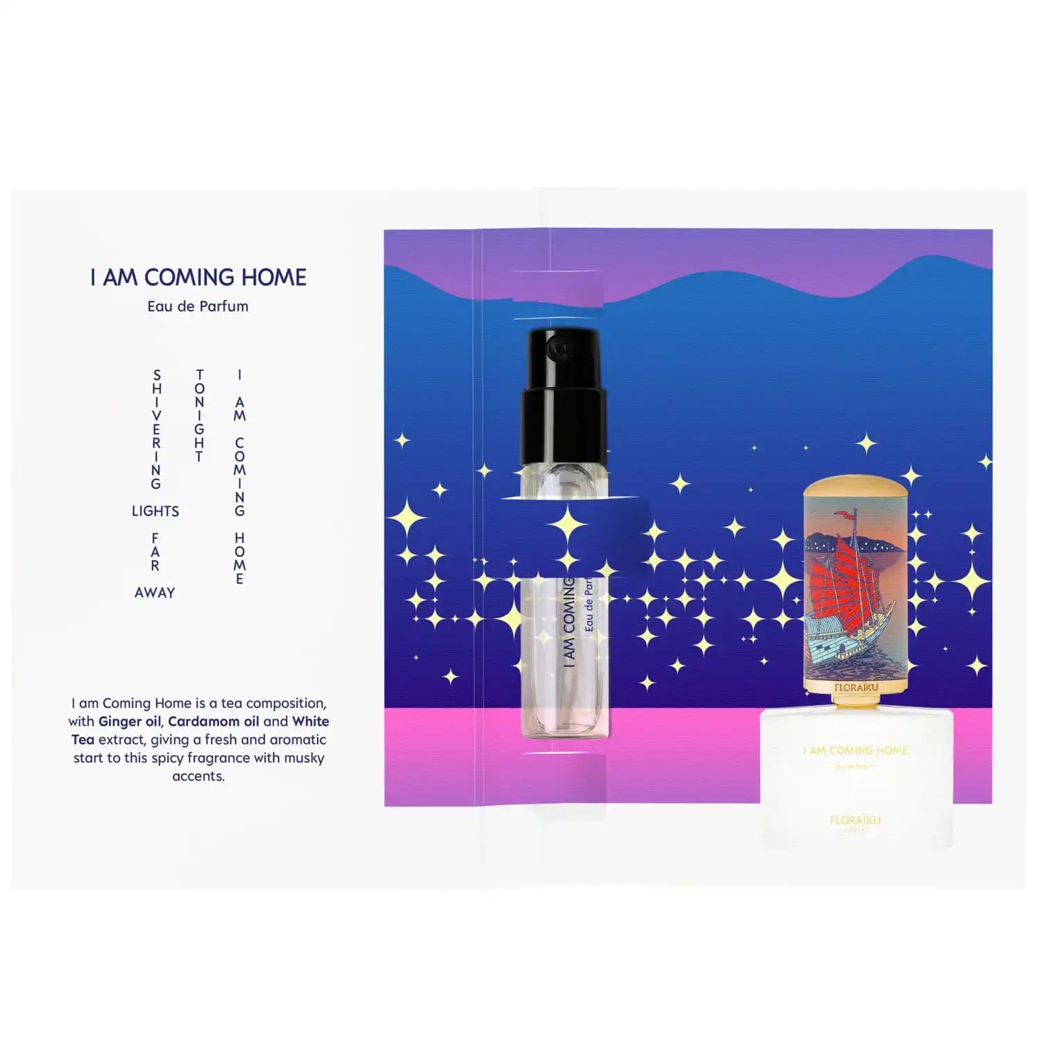 Perfume bottle with ’I AM COMING HOME’ text and sparkly decorative elements.